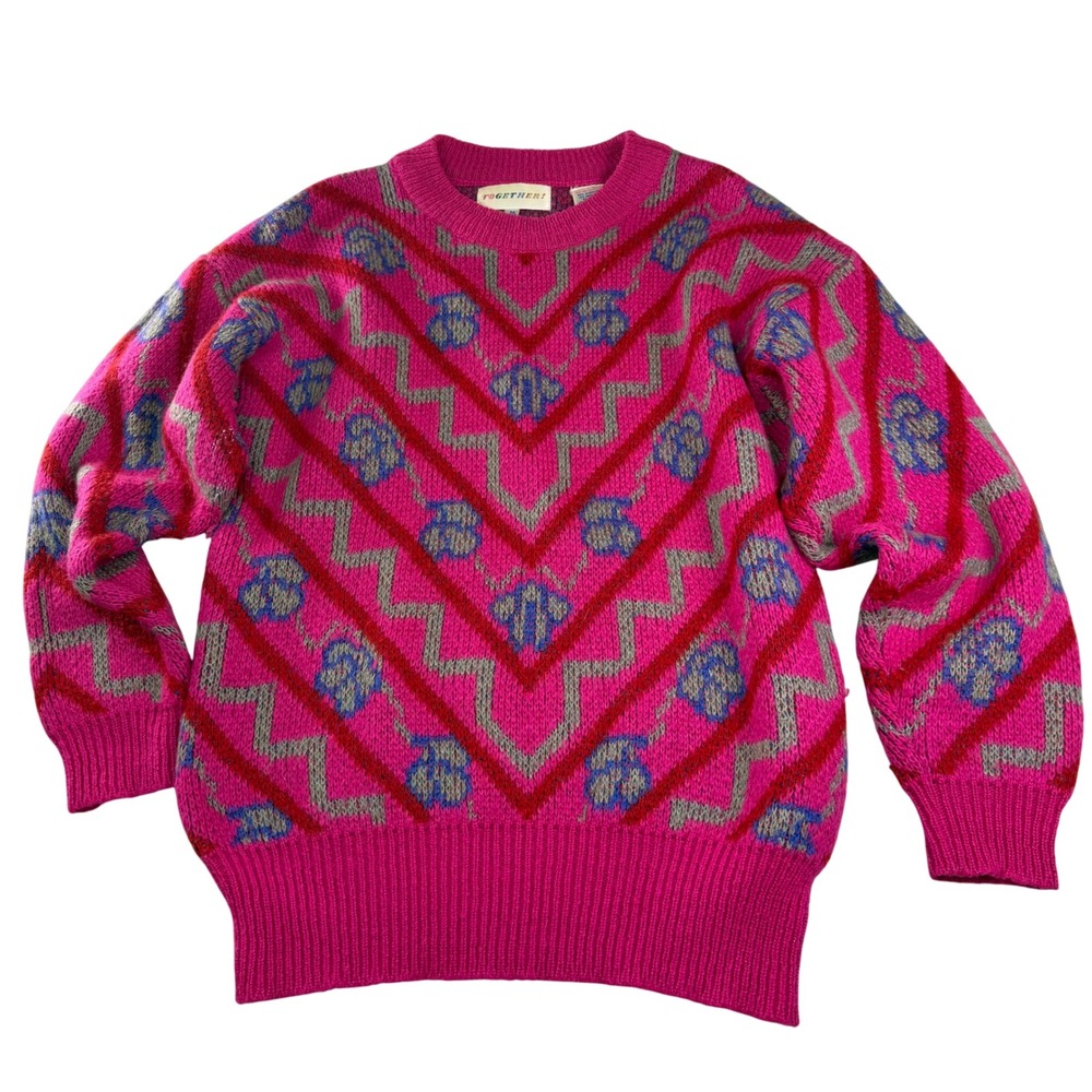 VTG TOGETHER! Pink Geometric Knit Sweater‎ M 80s Wool Blend Made in Taiwan